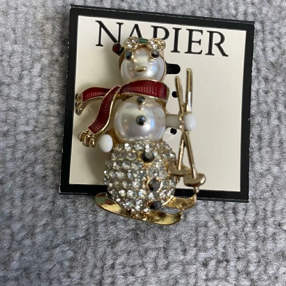 New Napier Gold Tone Skiing Snowman with Christmas Colors Pin Brooch